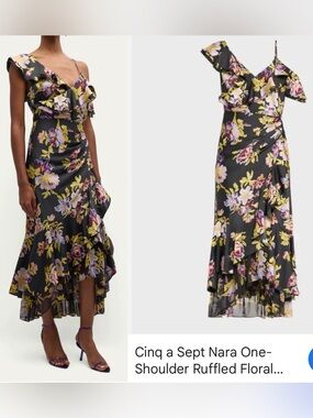 cinq a sept Black Floral Ruffle-Trim Midi Dress NWT